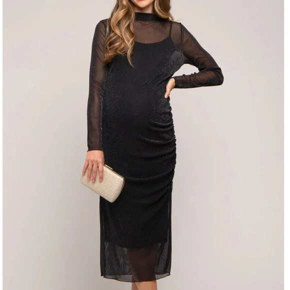 knee length dresses for ladies Pinkblush Charcoal Shimmer Mesh Long Sleeve Ruched Maternity Midi Dress Small